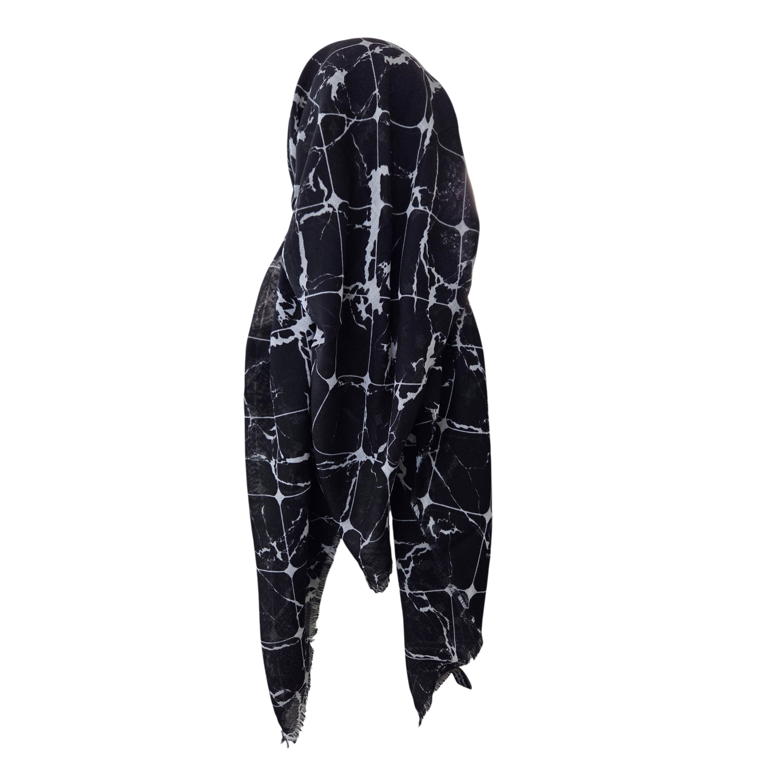 Black &amp; White - Marbled - long kerchief back - soft fringes pretied tichel (BBS) w/band sewn in