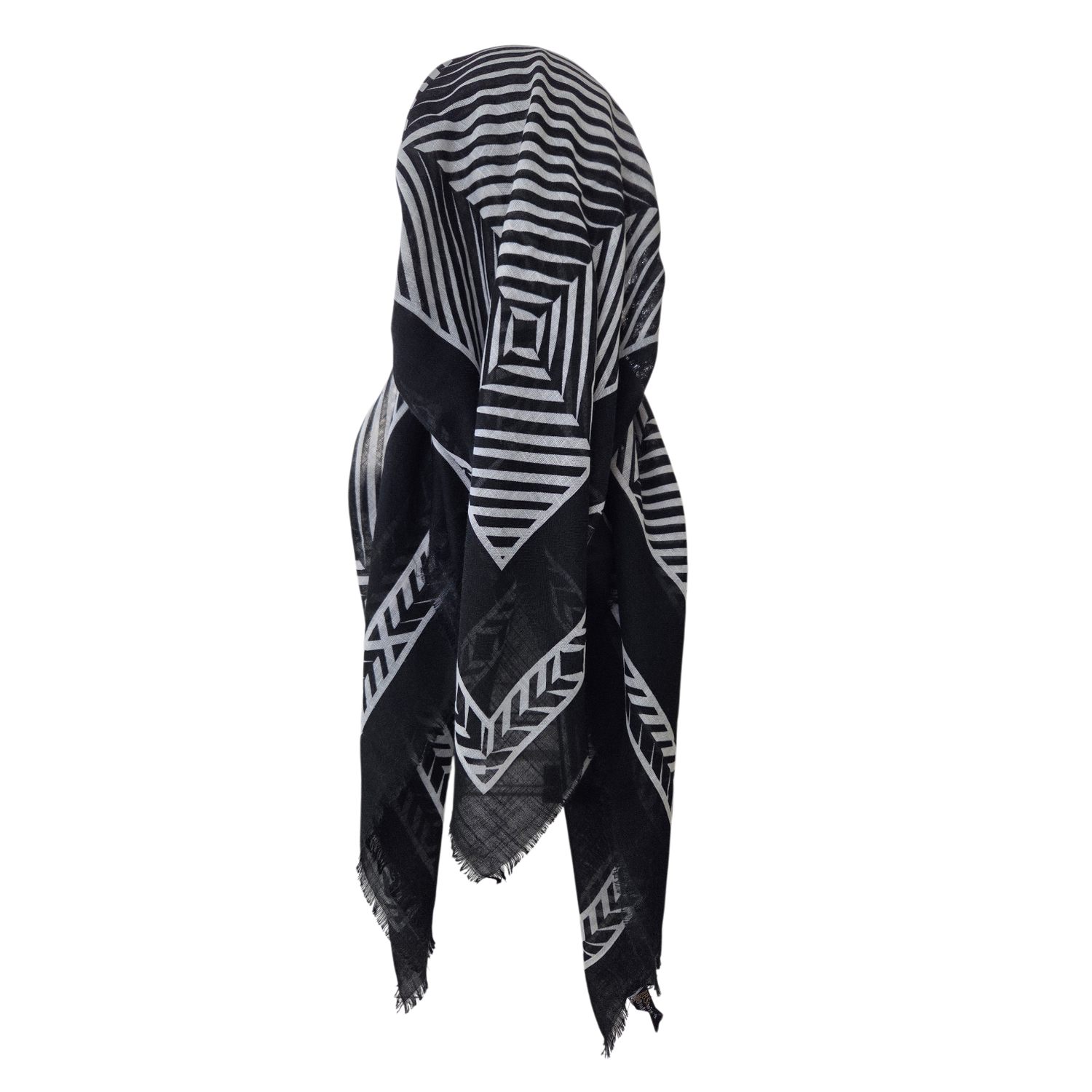 Black &amp; White - Geometric - long kerchief back - soft fringes pretied tichel (BBS) w/band sewn in