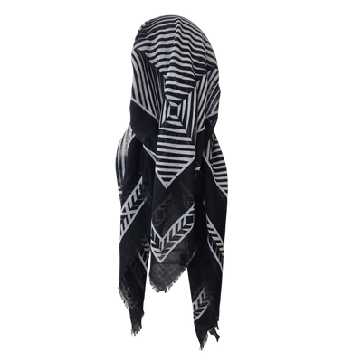 Black &amp; White - Geometric - long kerchief back - soft fringes pretied tichel (BBS) w/band sewn in