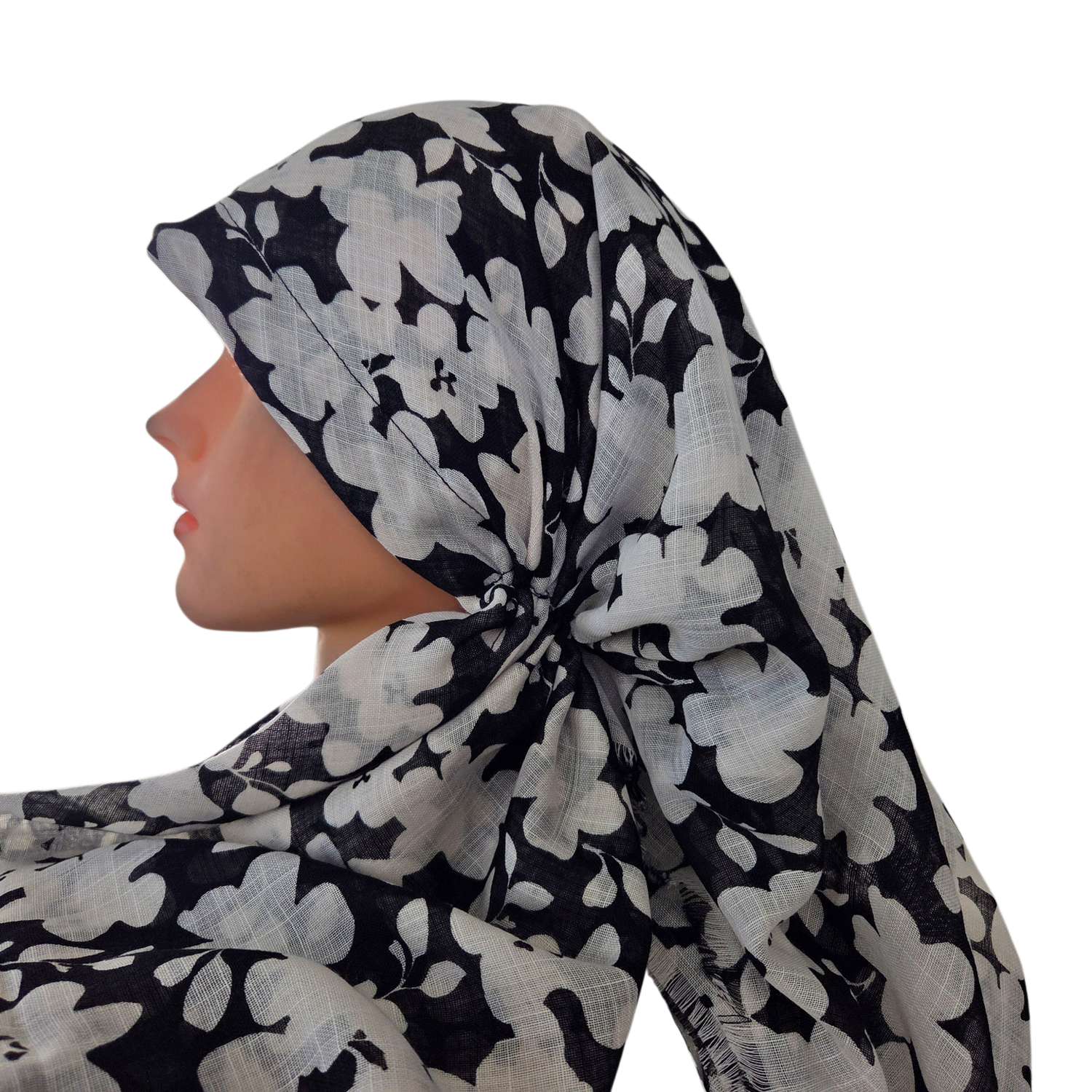 White &amp; Black - Floral - long kerchief back - soft fringes pretied tichel (BBS) w/band sewn in