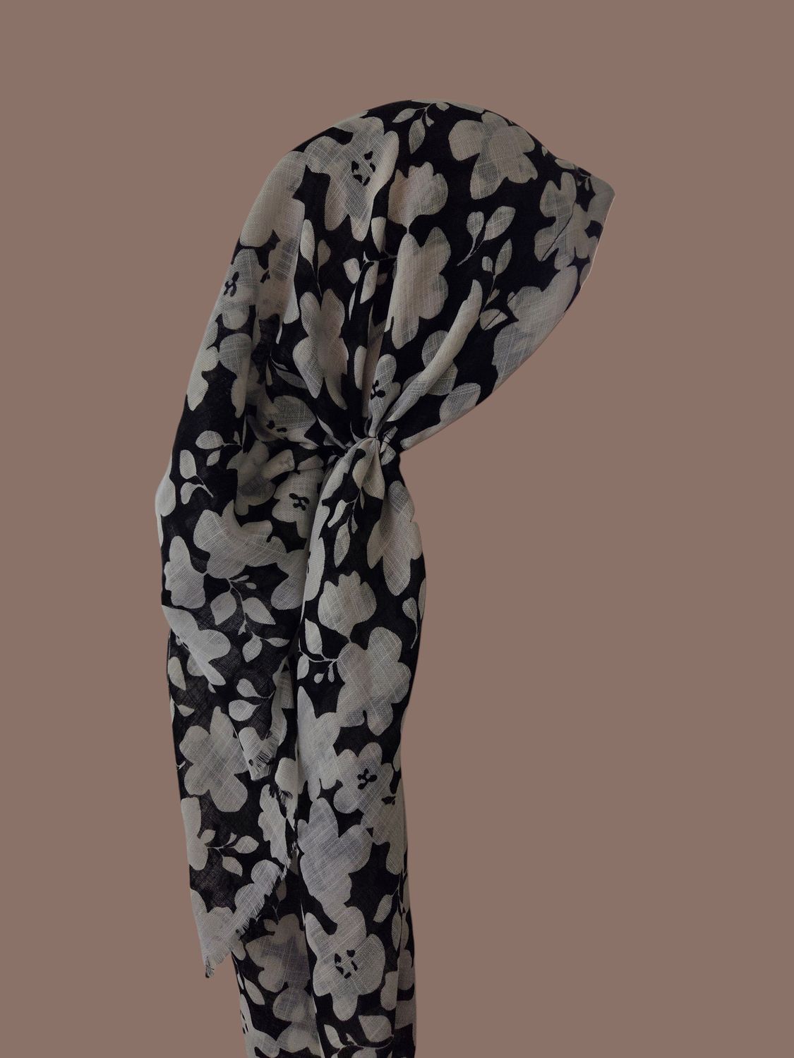 White &amp; Black - Floral - long kerchief back - soft fringes pretied tichel (BBS) w/band sewn in