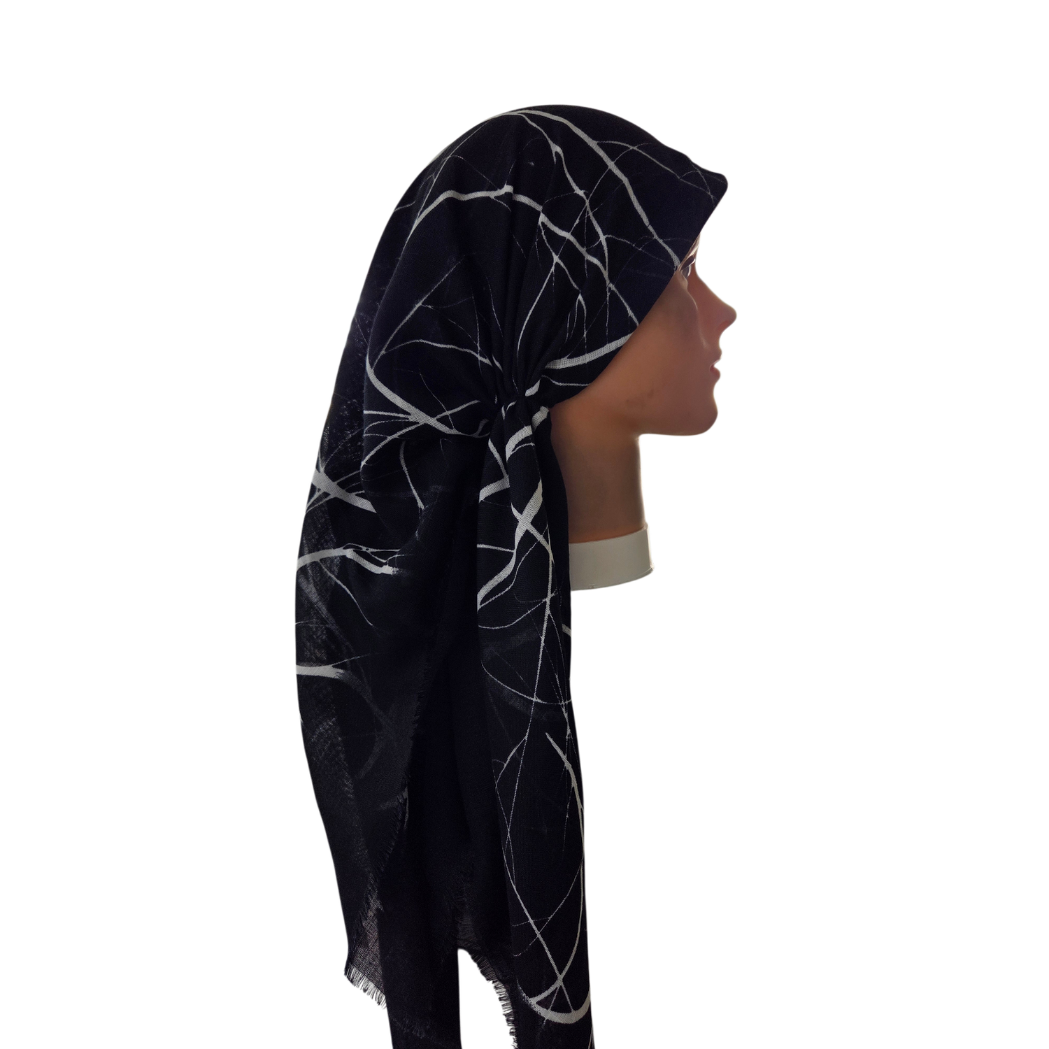 Black &amp; White - Streaks - long kerchief back - soft fringes pretied tichel (BBS) w/band sewn in