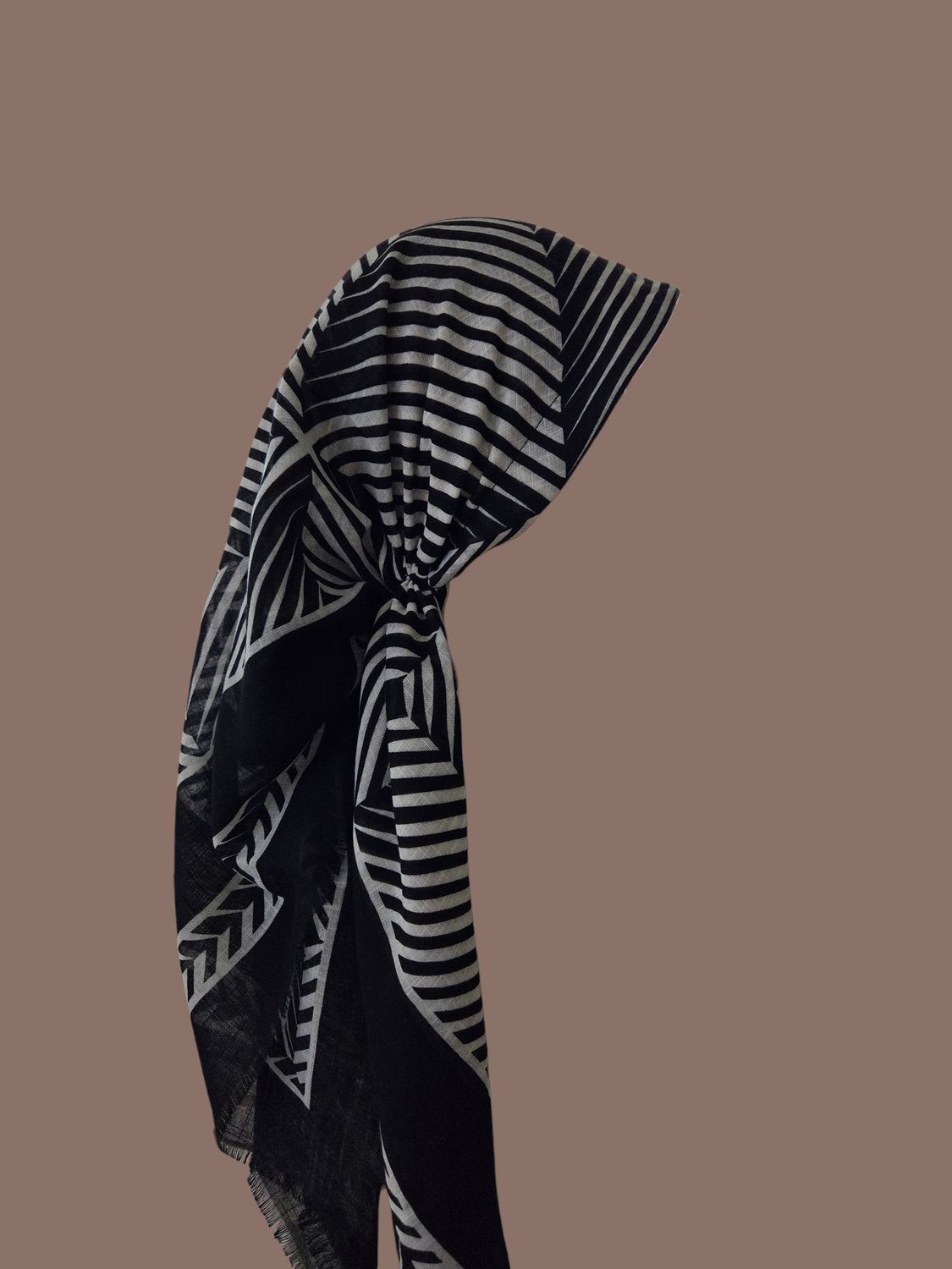 Black &amp; White - Geometric - long kerchief back - soft fringes pretied tichel (BBS) w/band sewn in