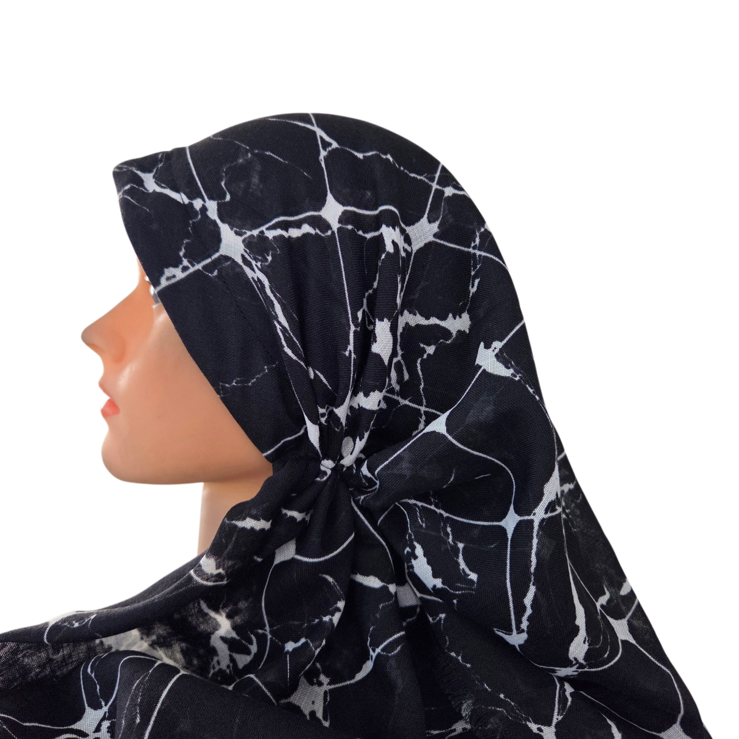 Black &amp; White - Marbled - long kerchief back - soft fringes pretied tichel (BBS) w/band sewn in