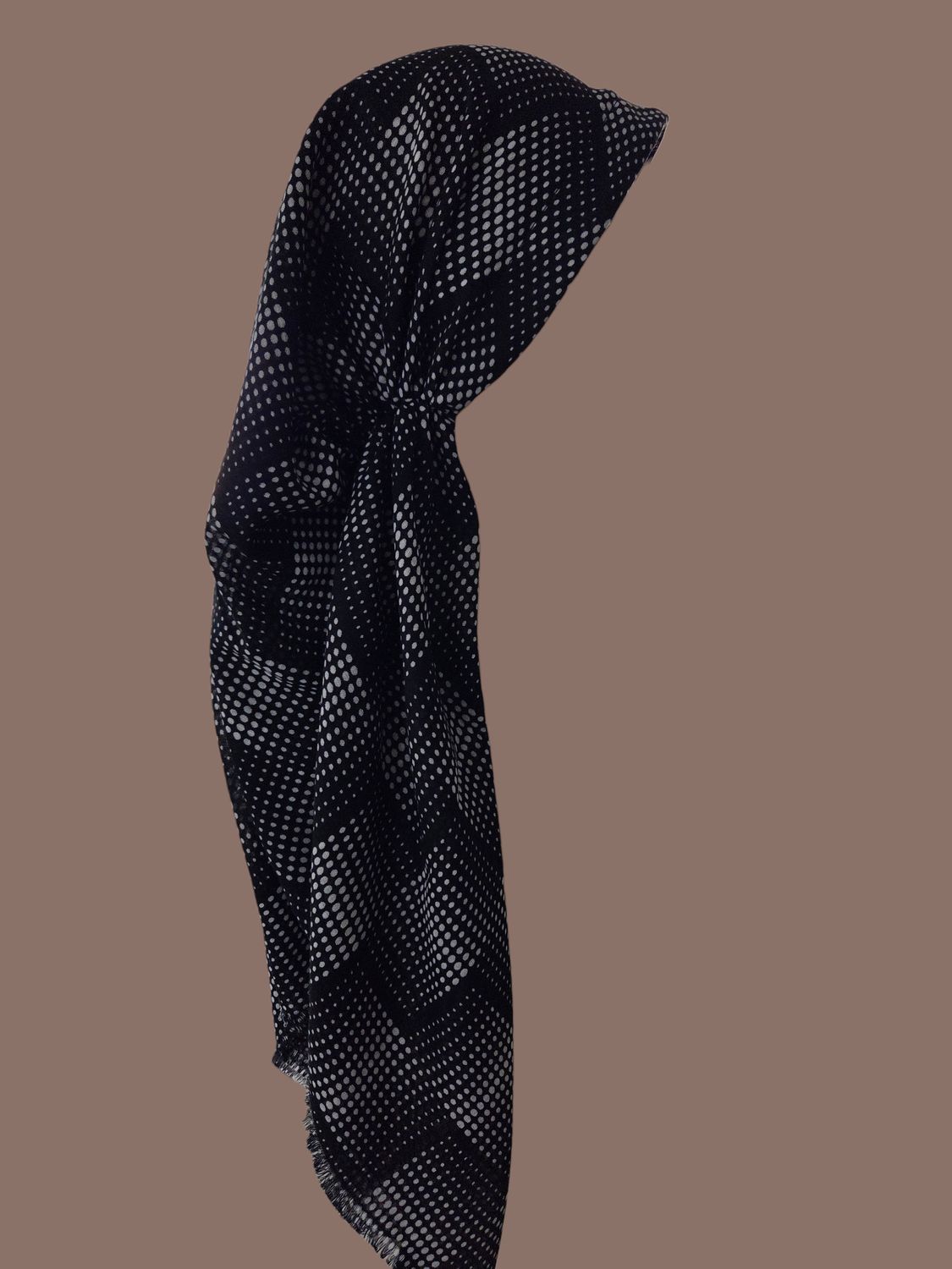 Black &amp; White - Dotted - long kerchief back - soft fringes pretied tichel (BBS) w/band sewn in