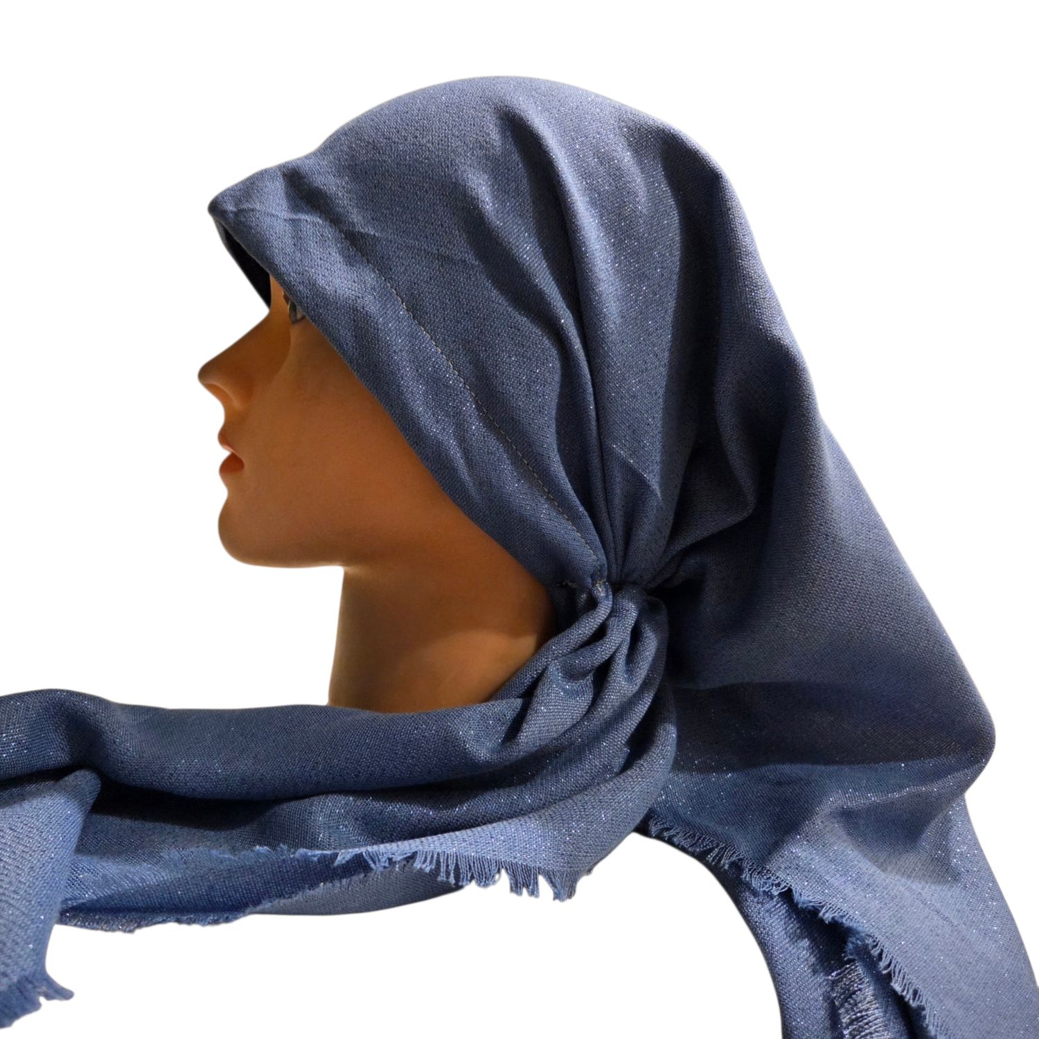 Light denim - Glittery - long kerchief back - soft fringes pretied tichel (BBS) w/band sewn in