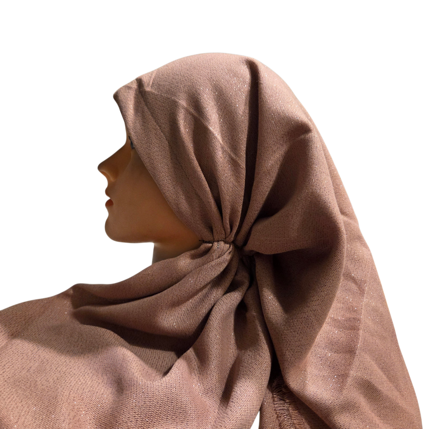 Dusty mauve - Glittery - long kerchief back - soft fringes pretied tichel (BBS) w/band sewn in