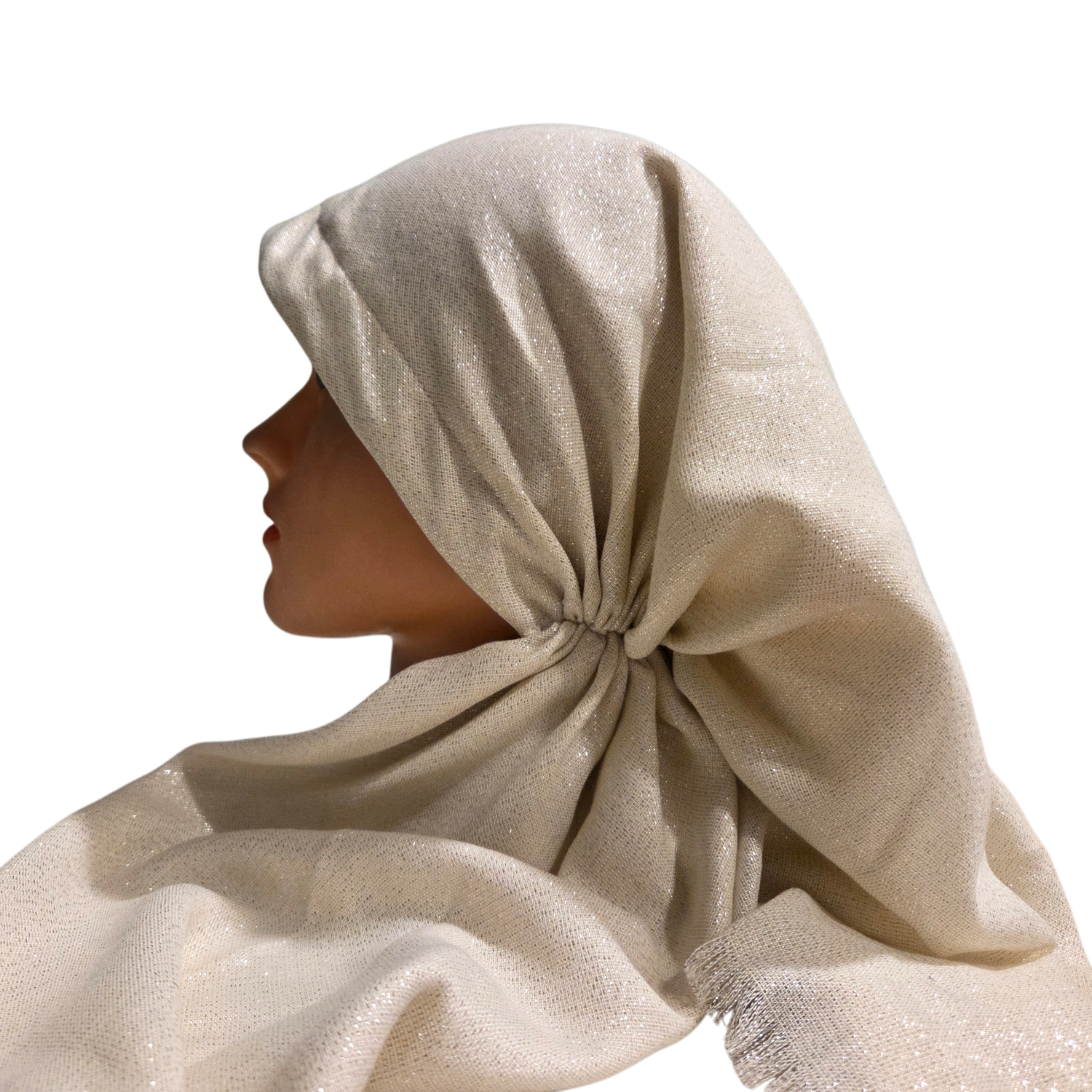 Cream- Glittery - long kerchief back - soft fringes pretied tichel (BBS) w/band sewn in
