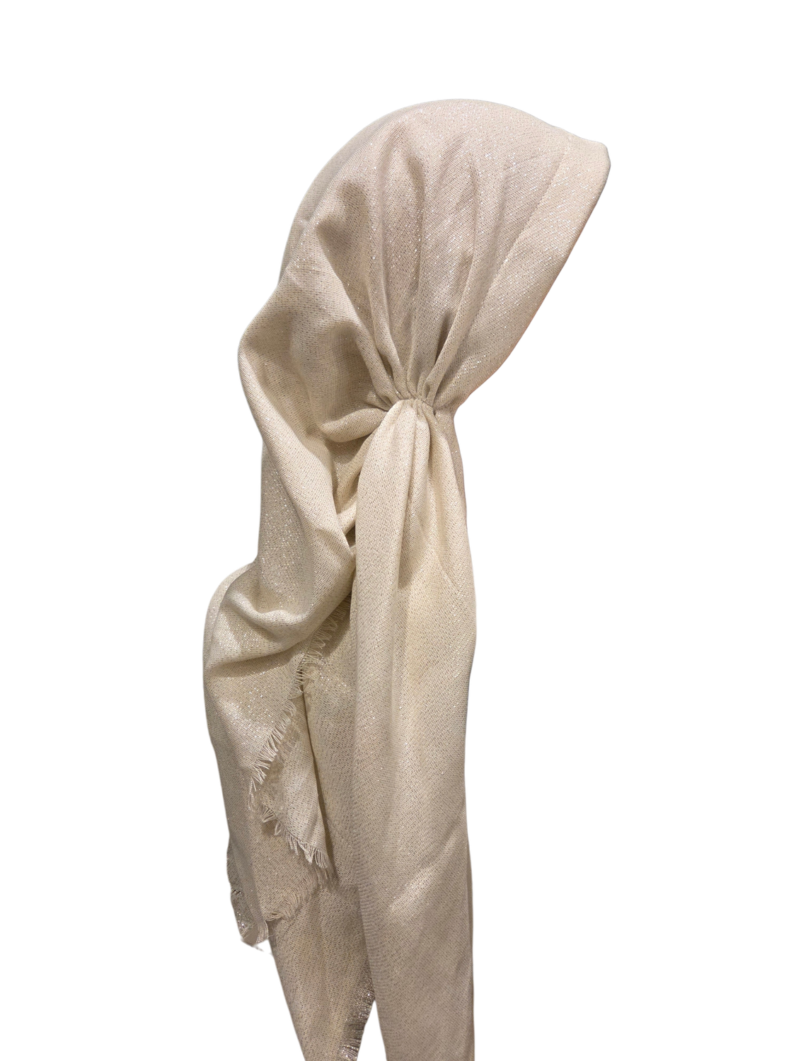 Cream- Glittery - long kerchief back - soft fringes pretied tichel (BBS) w/band sewn in