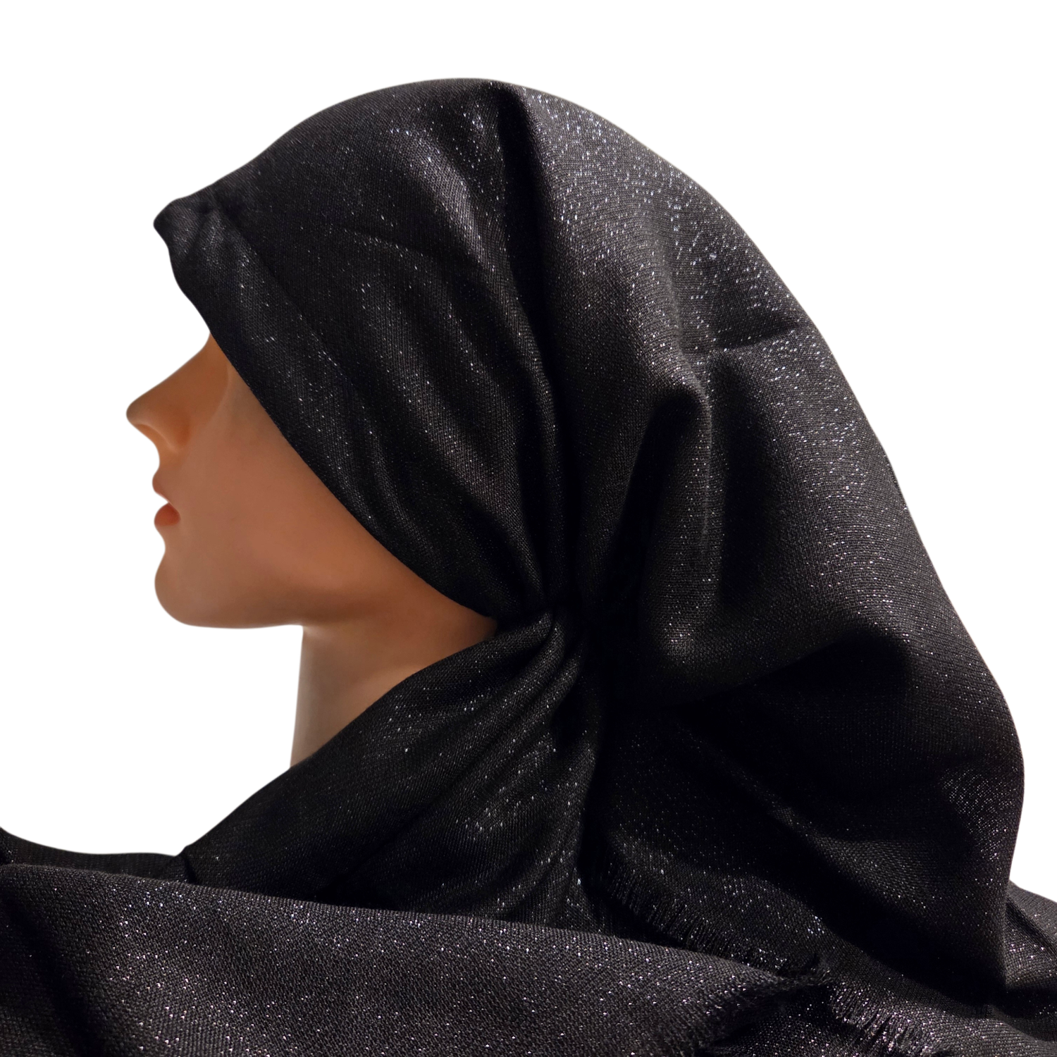 Black - Glittery - long kerchief back - soft fringes pretied tichel (BBS) w/band sewn in