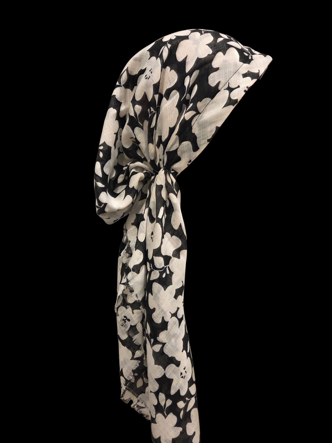Black/White - soft fringes pretied tichel - white/black  floral