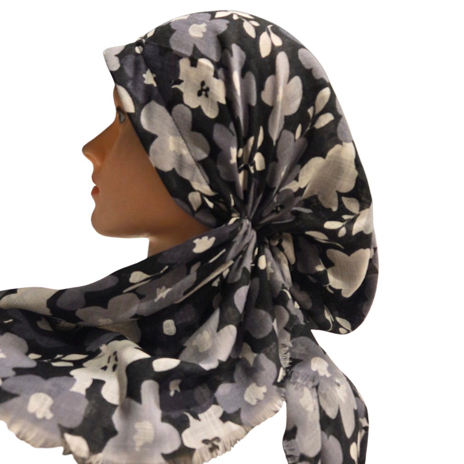 Black/White - soft fringes pretied tichel - black/white floral