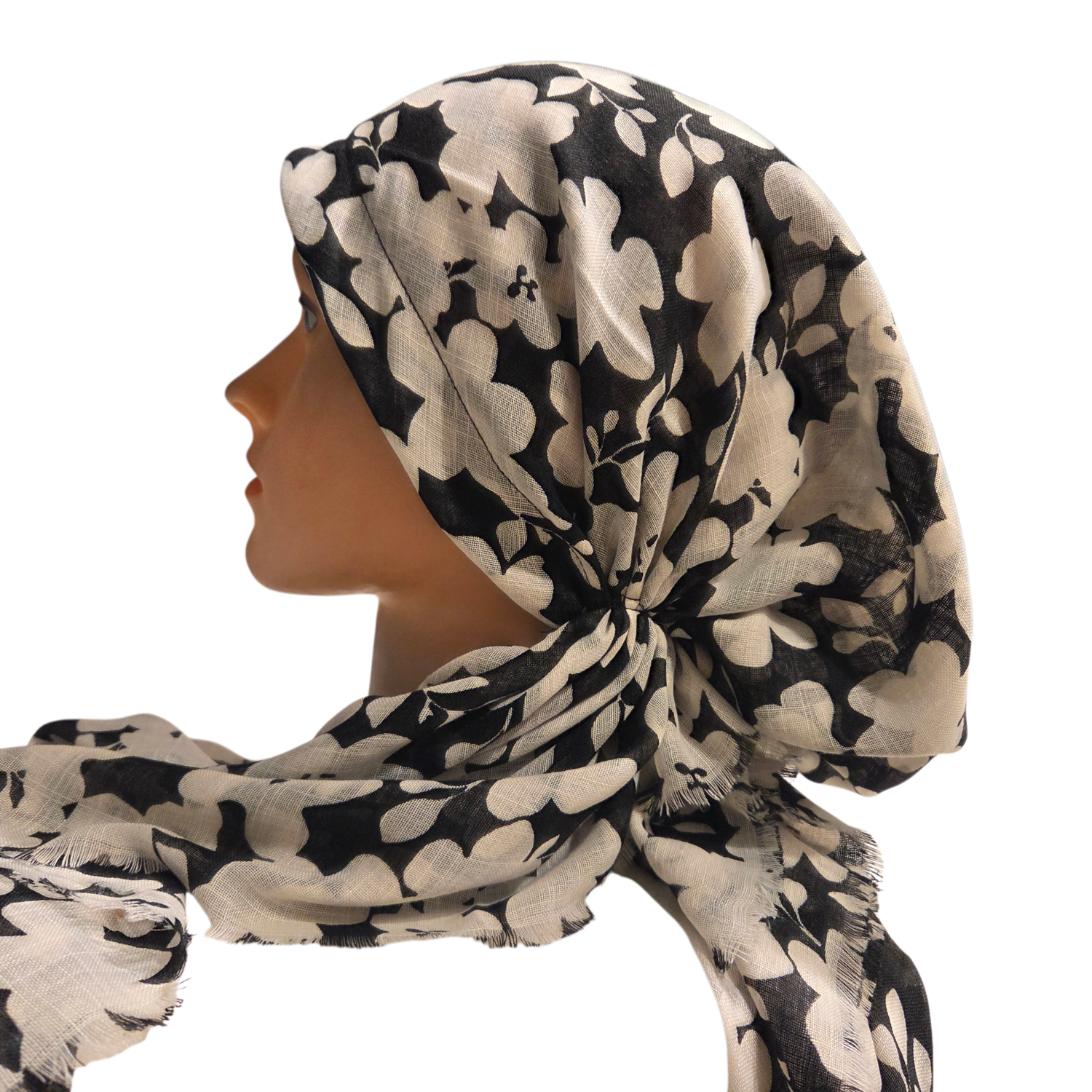 Black/White - soft fringes pretied tichel - white/black  floral