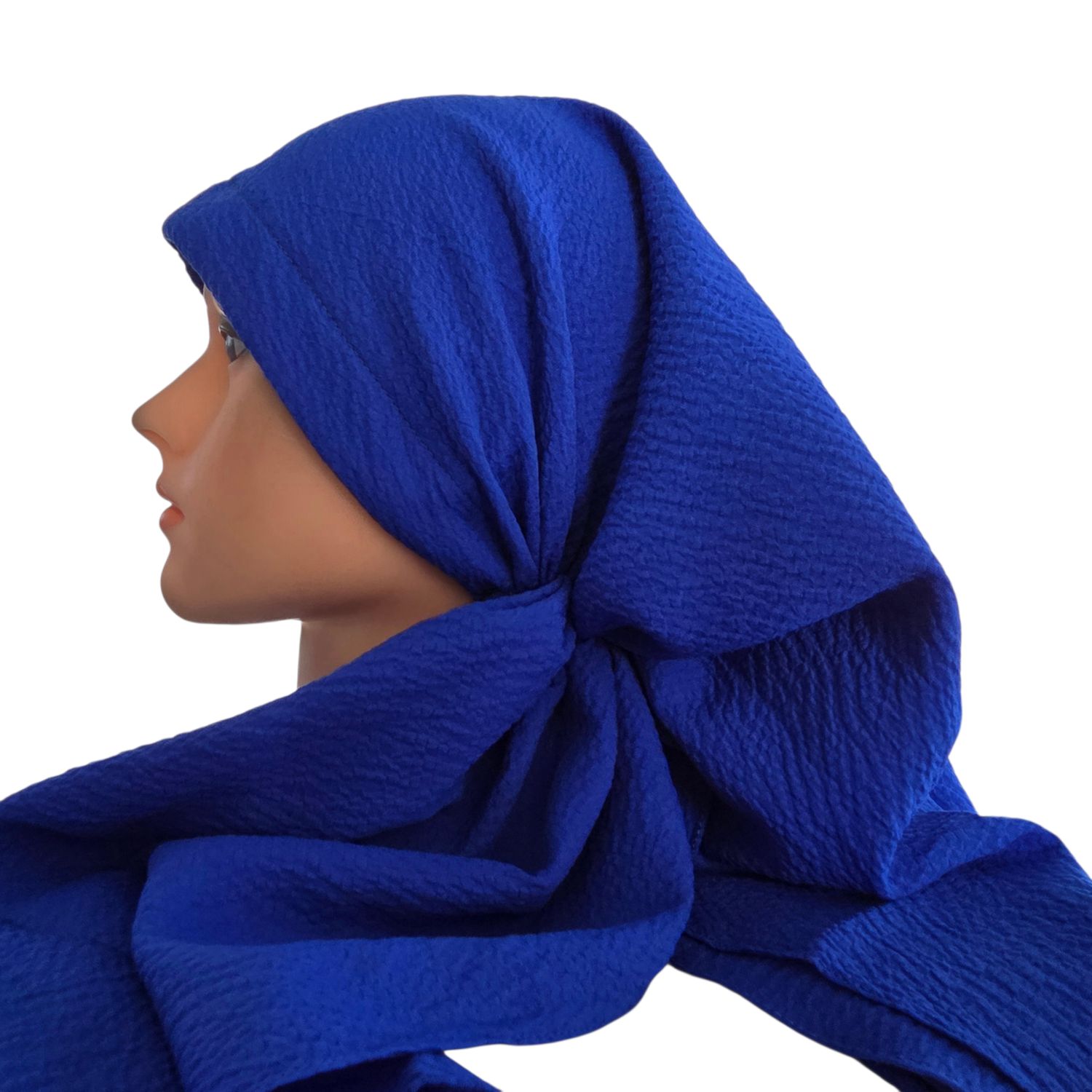 Royal blue - long kerchief back - textured pretied tichel (BBS) w/band sewn in