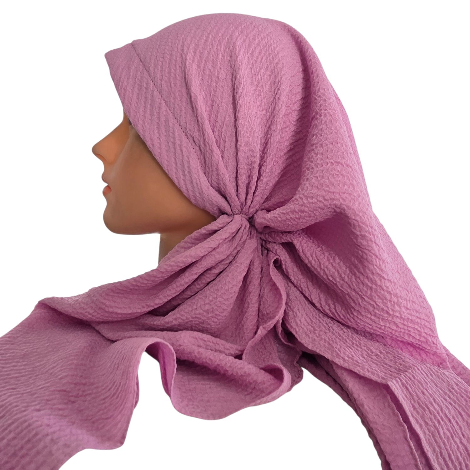 Pink - long kerchief back - textured pretied tichel (BBS) w/band sewn in