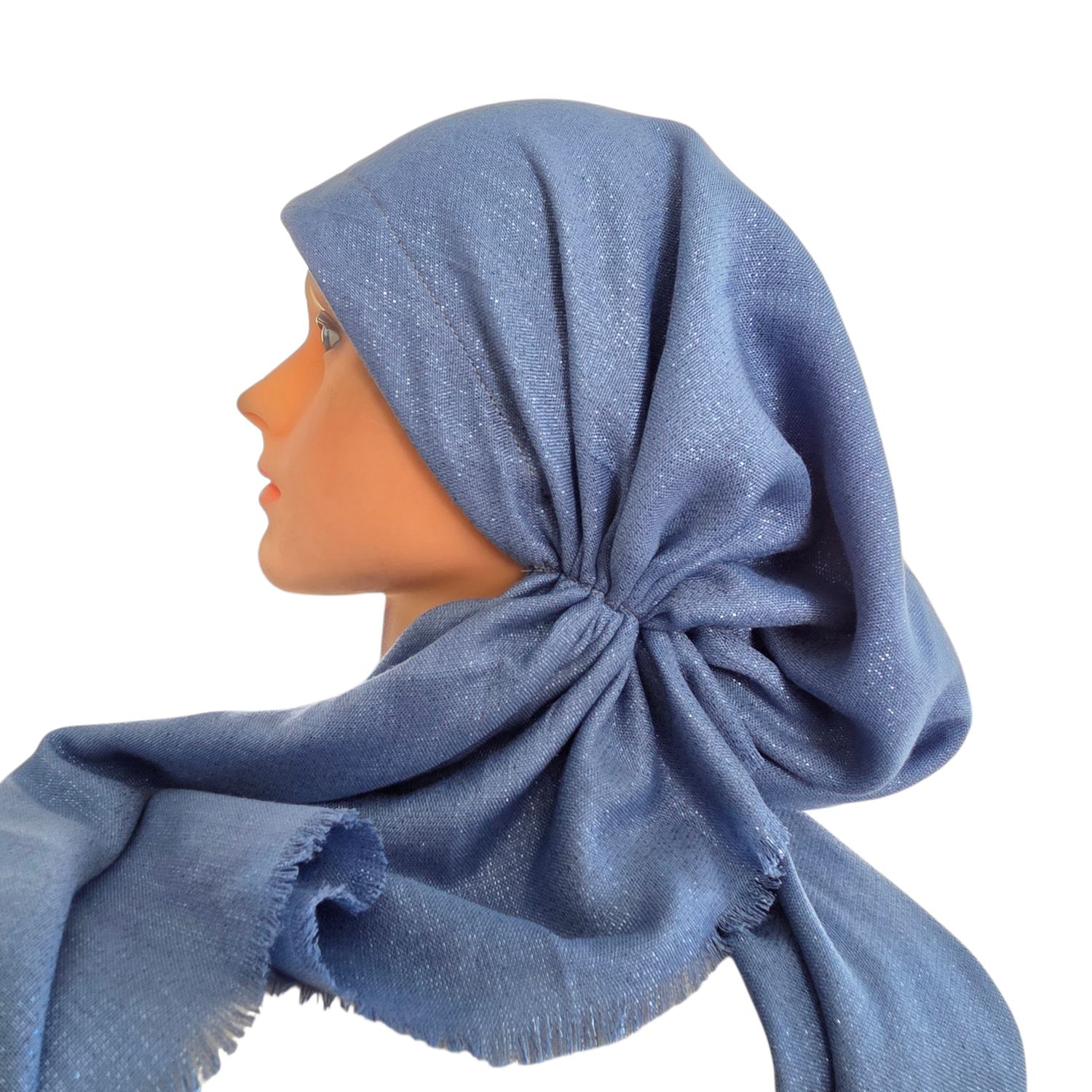 Light denim blue w/ glitter - soft fringes pretied tichel