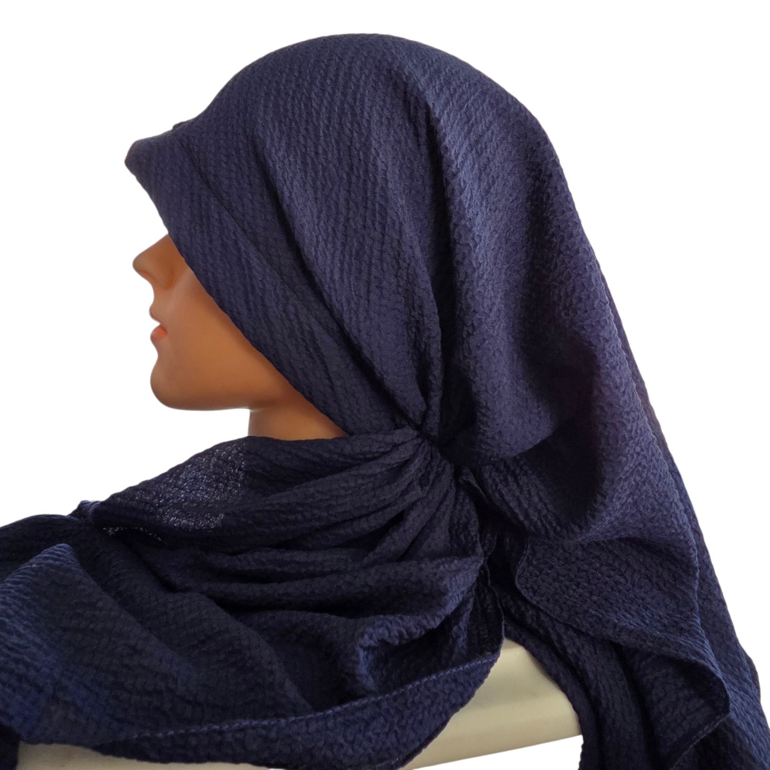 Navy - long kerchief back - textured pretied tichel (BBS) w/band sewn in