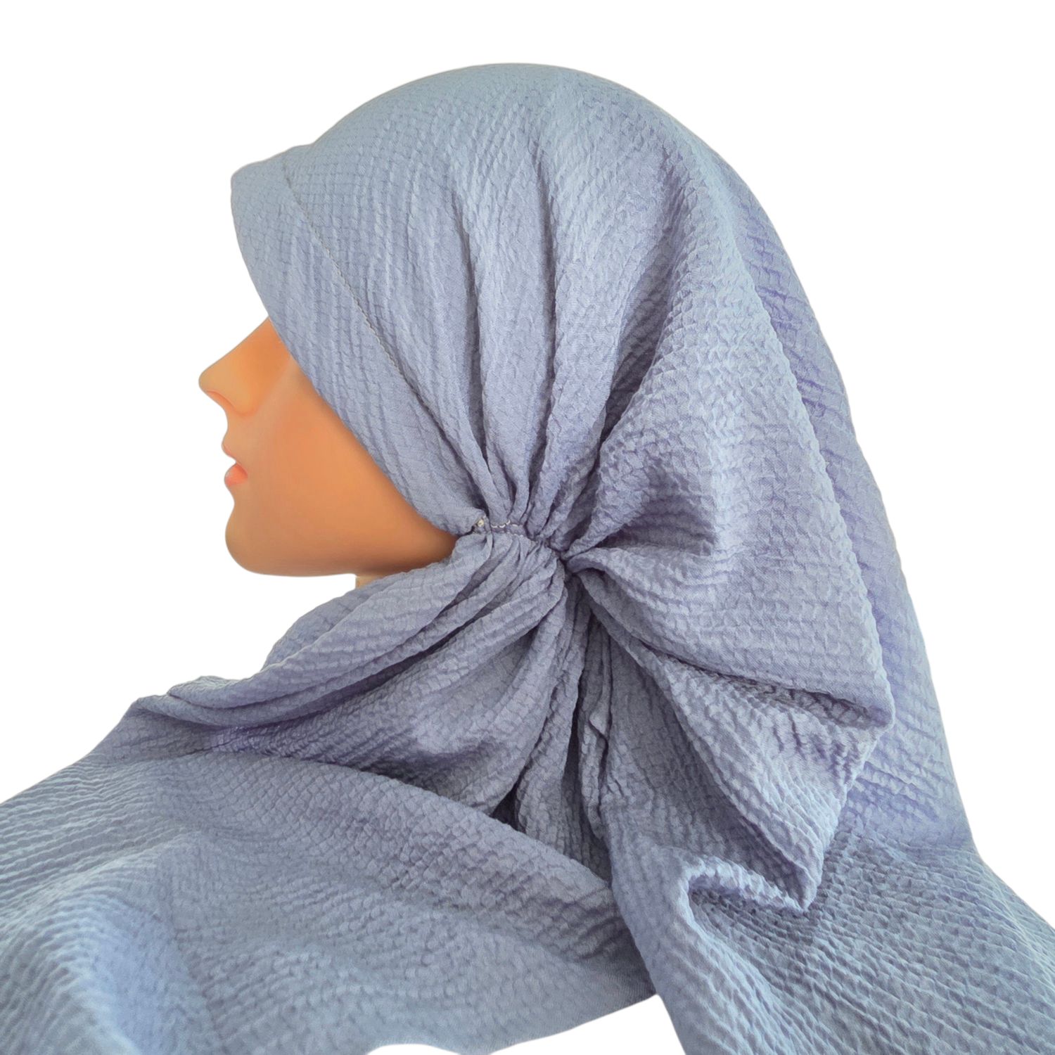 Light blue/denim - long kerchief back - textured pretied tichel (BBS) w/band sewn in