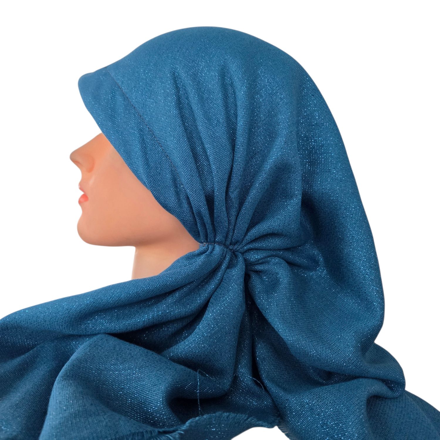 Deep teal - Glittery - long kerchief back - soft fringes pretied tichel (BBS) w/band sewn in