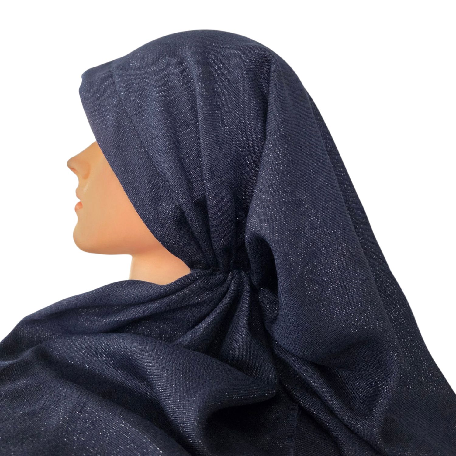 Navy - Glittery - long kerchief back - soft fringes pretied tichel (BBS) w/band sewn in