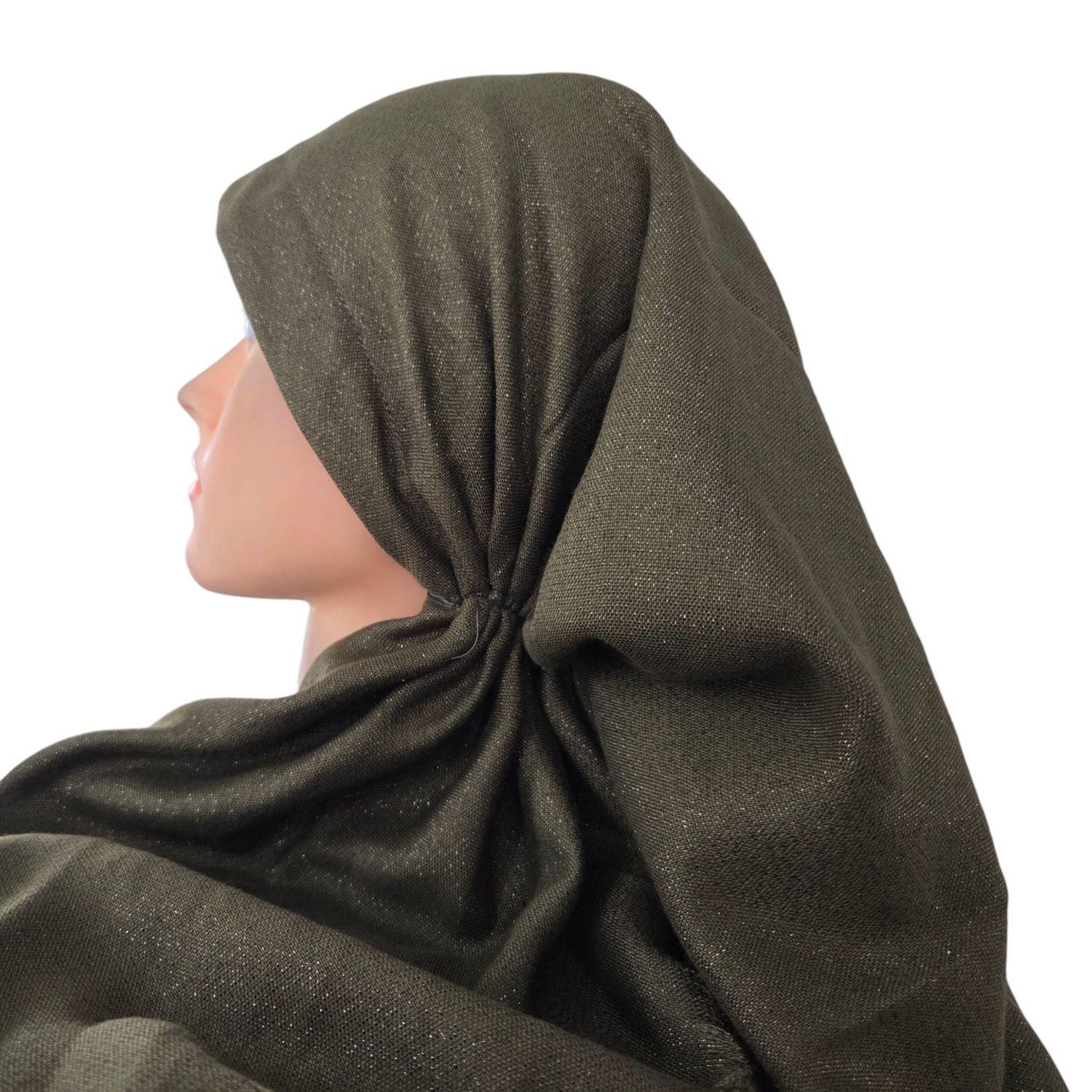 Olive - Glittery - long kerchief back - soft fringes pretied tichel (BBS) w/band sewn in