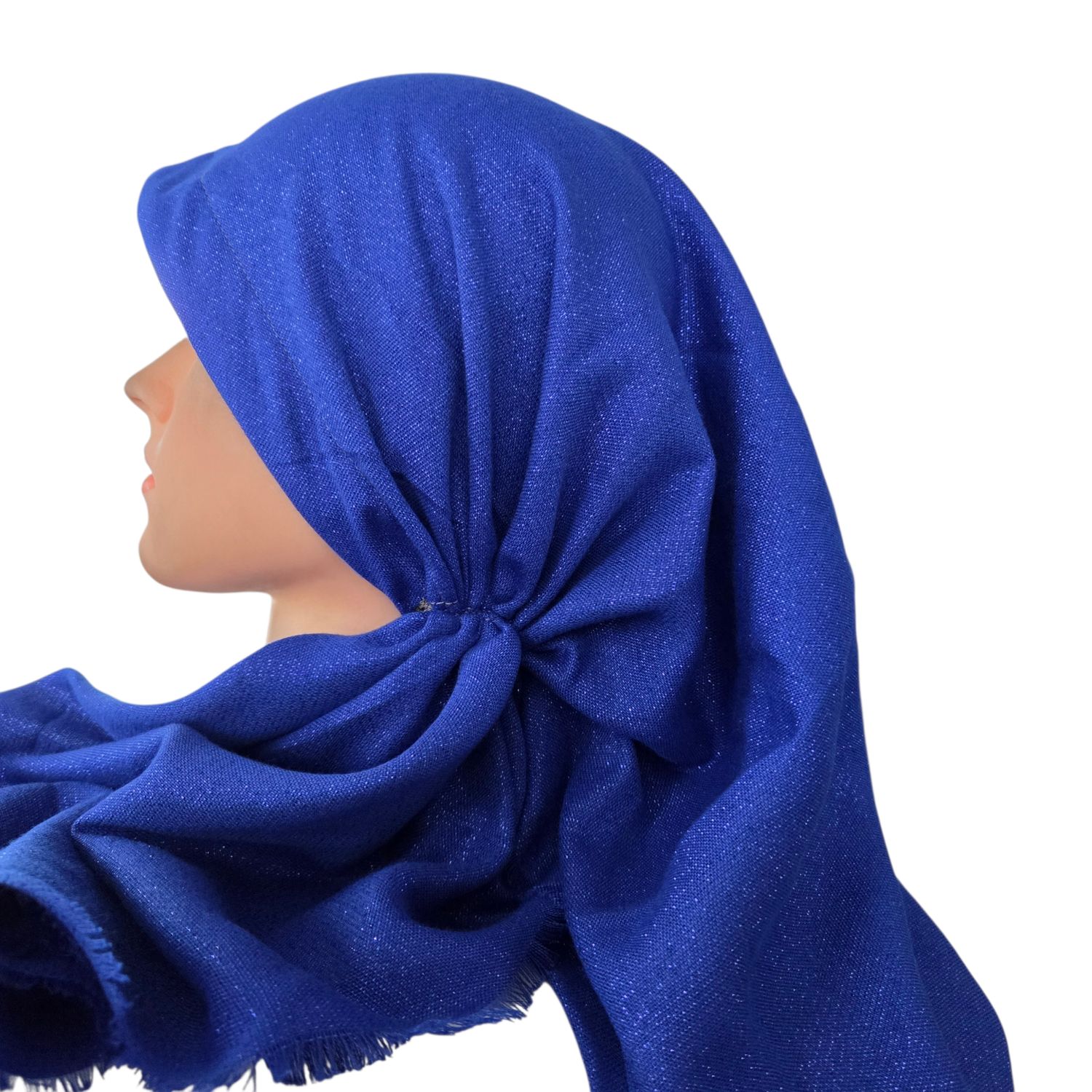Royal blue - Glittery - long kerchief back - soft fringes pretied tichel (BBS) w/band sewn in