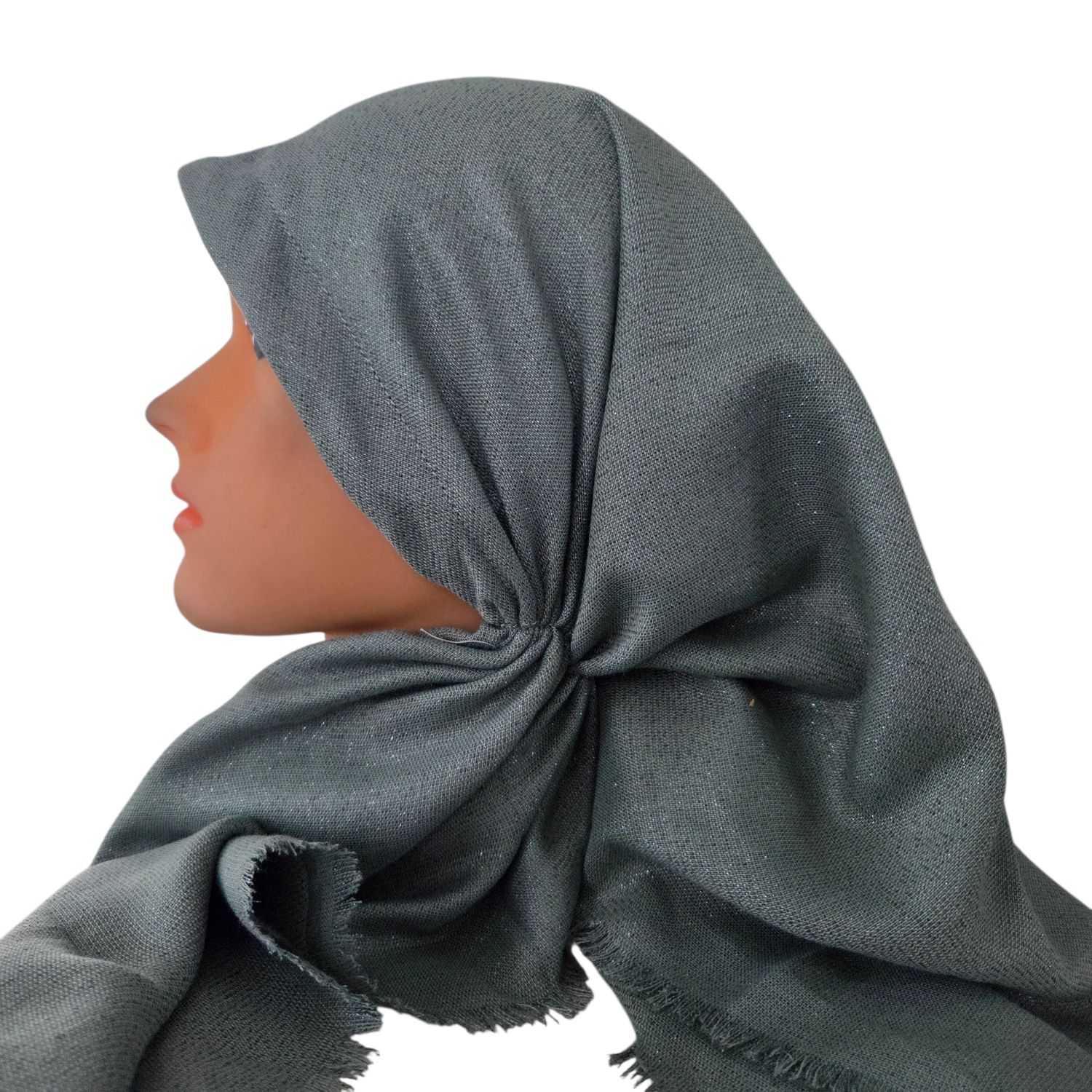 Dusty sage - Glittery - long kerchief back - soft fringes pretied tichel (BBS) w/band sewn in