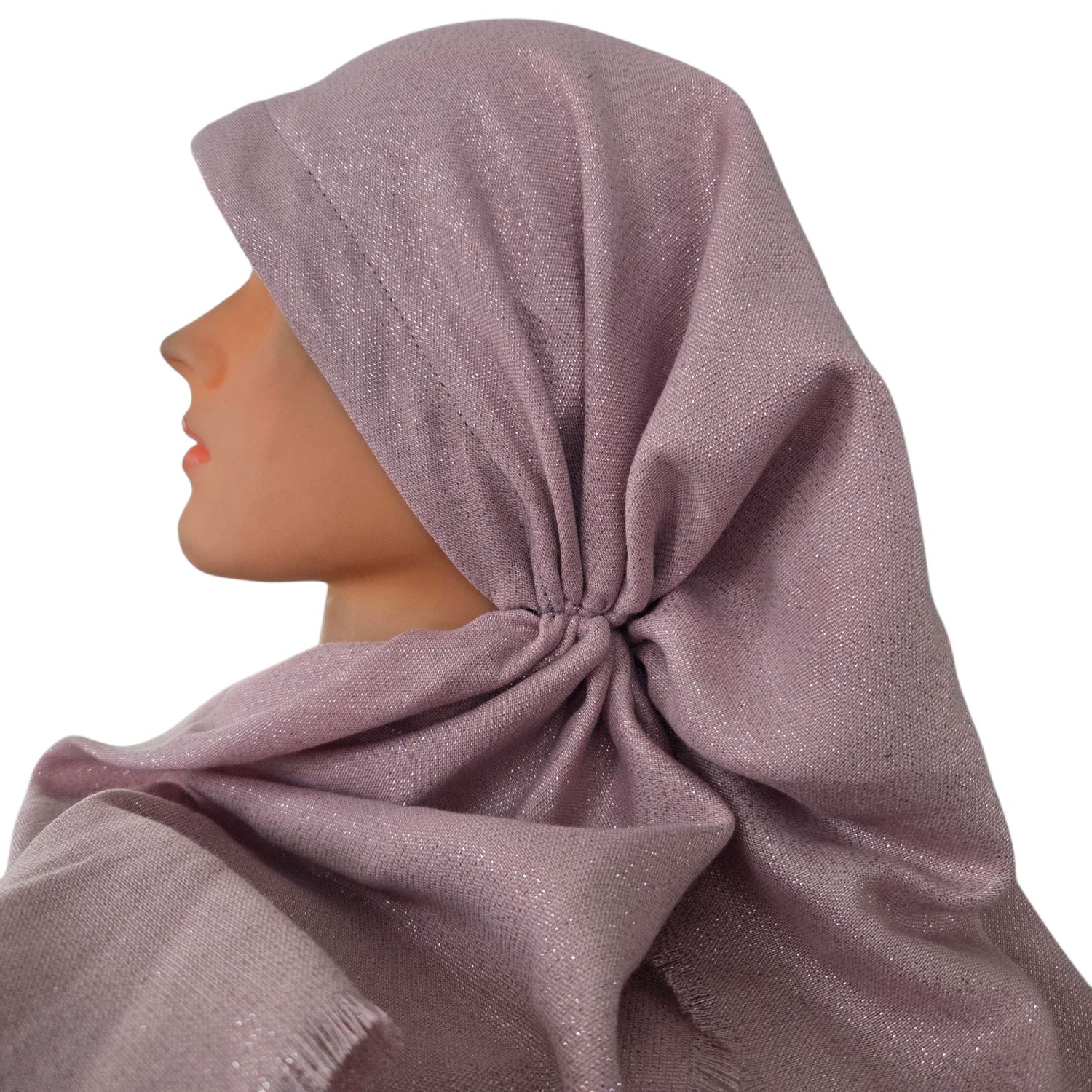 Light dusty pink/blush - Glittery - long kerchief back - soft fringes pretied tichel (BBS) w/band sewn in