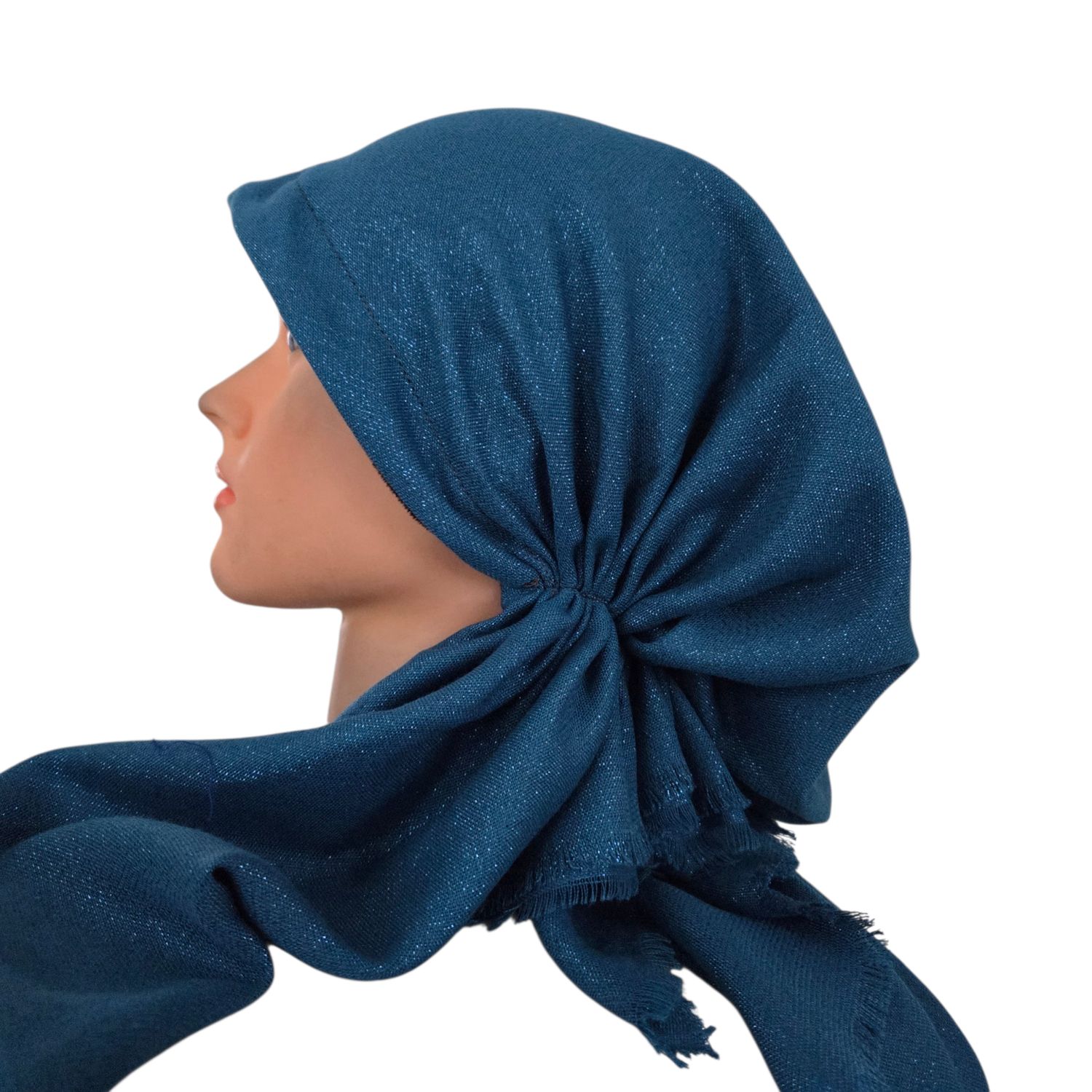 Deep turquoise/teal shimmer  - soft fringes pretied tichel