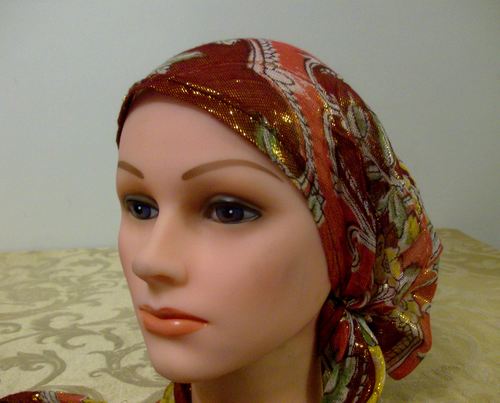 Shimmering pre tied tichel red and orange