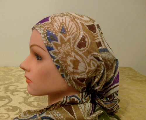 Pre tied tichel beige with purple and green