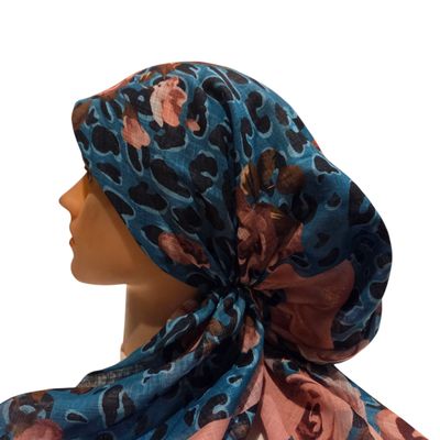 Teal leopard w/flowers - soft fringes pretied tichel