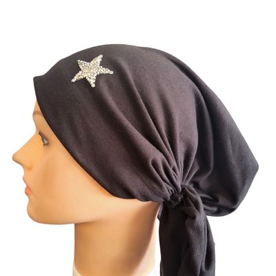 Black pre tied tichel w/silver star applique - W/band sewn in