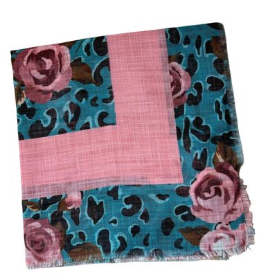 Pink/teal animal and floral patterned -  soft fringed tichel
