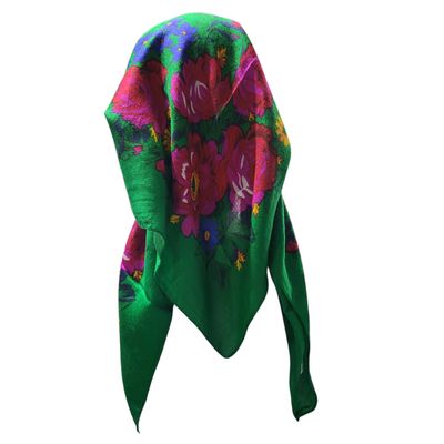 Green long center back - pre-tied kerchief w/band sewn in  -  Vintage tichel