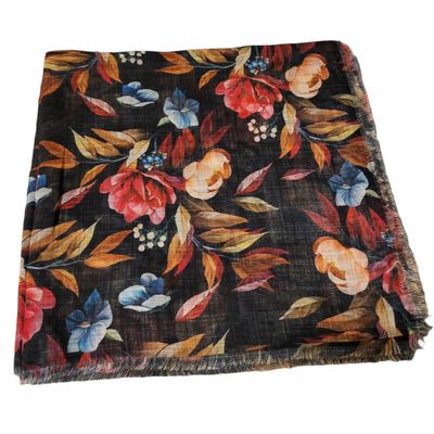 Black - Soft fringes tichel - pretty floral pattern