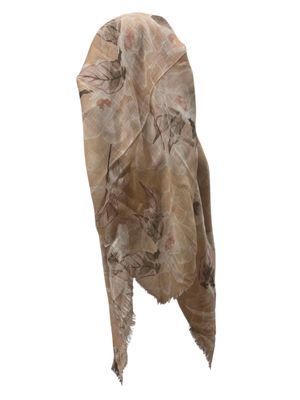 Delicate summer patterned beige - long kerchief back - soft fringes pretied tichel (BBS) w/band sewn in