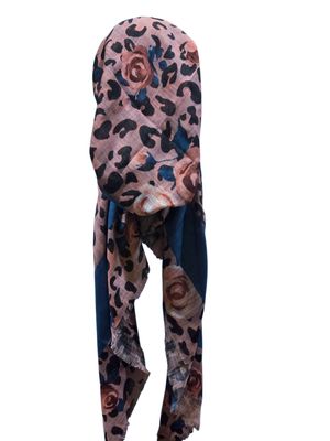 Pink leopard w/flowers - soft fringes pretied tichel