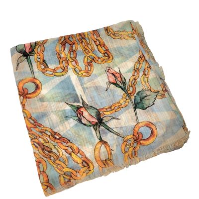 White/greens - Soft fringes tichel - flowers &amp; chains pattern