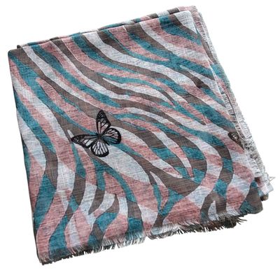 Teal/sea green - Soft fringes tichel - waves &amp; butterflies pattern