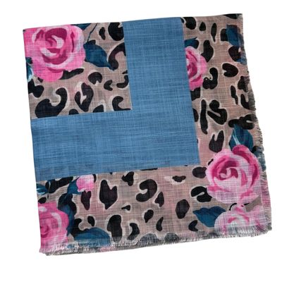 Denim/tan animal and floral patterned -  soft fringed tichel