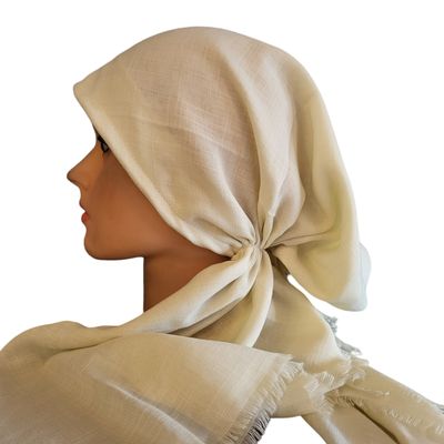 Cream solid  - soft fringes pretied tichel
