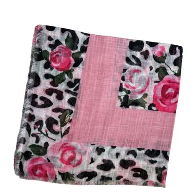 Pink/white animal and floral patterned -  soft fringed tichel