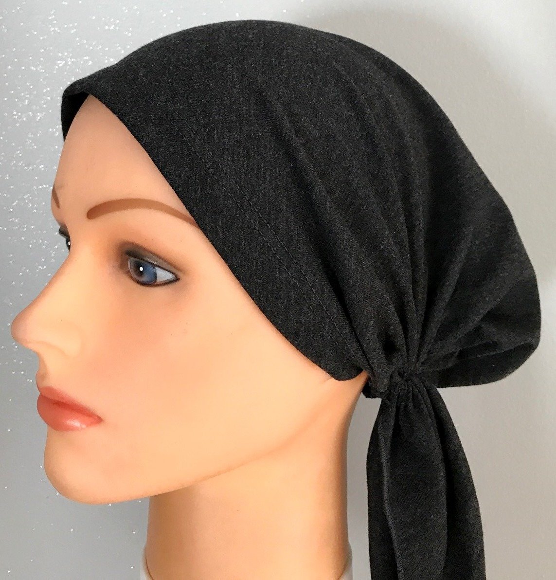 Charcoal gray stretchy cotton pre tied tichel