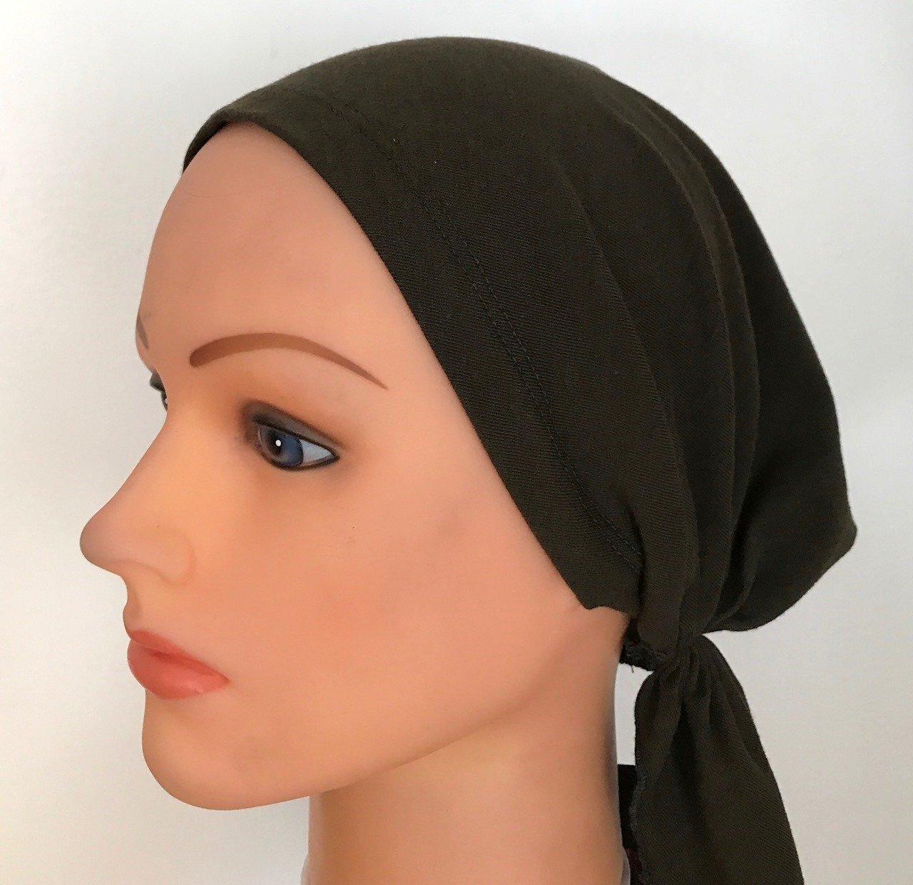 Dark Olive/gray stretchy cotton pre tied tichel