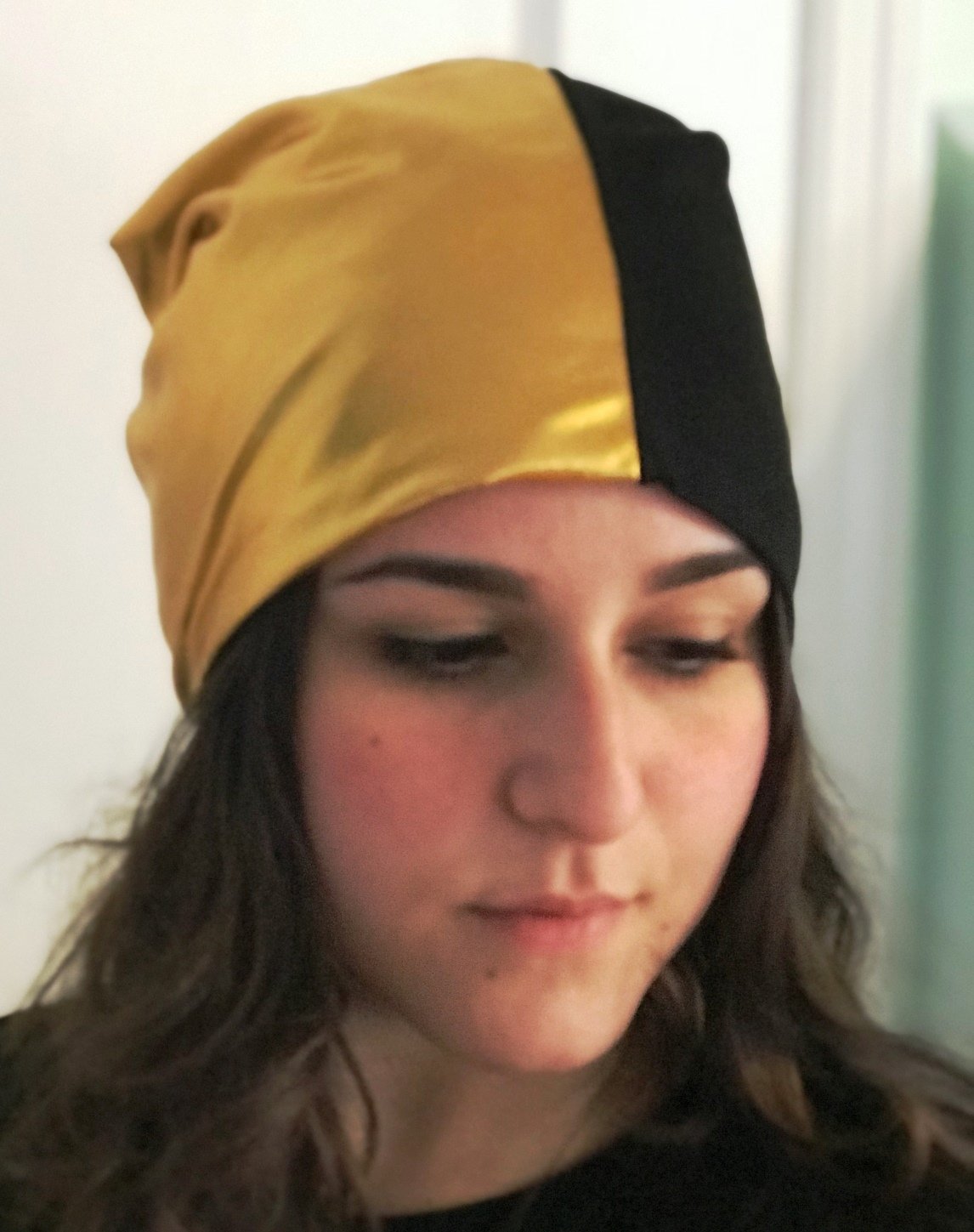 Cotton/metallic pleather split beanie