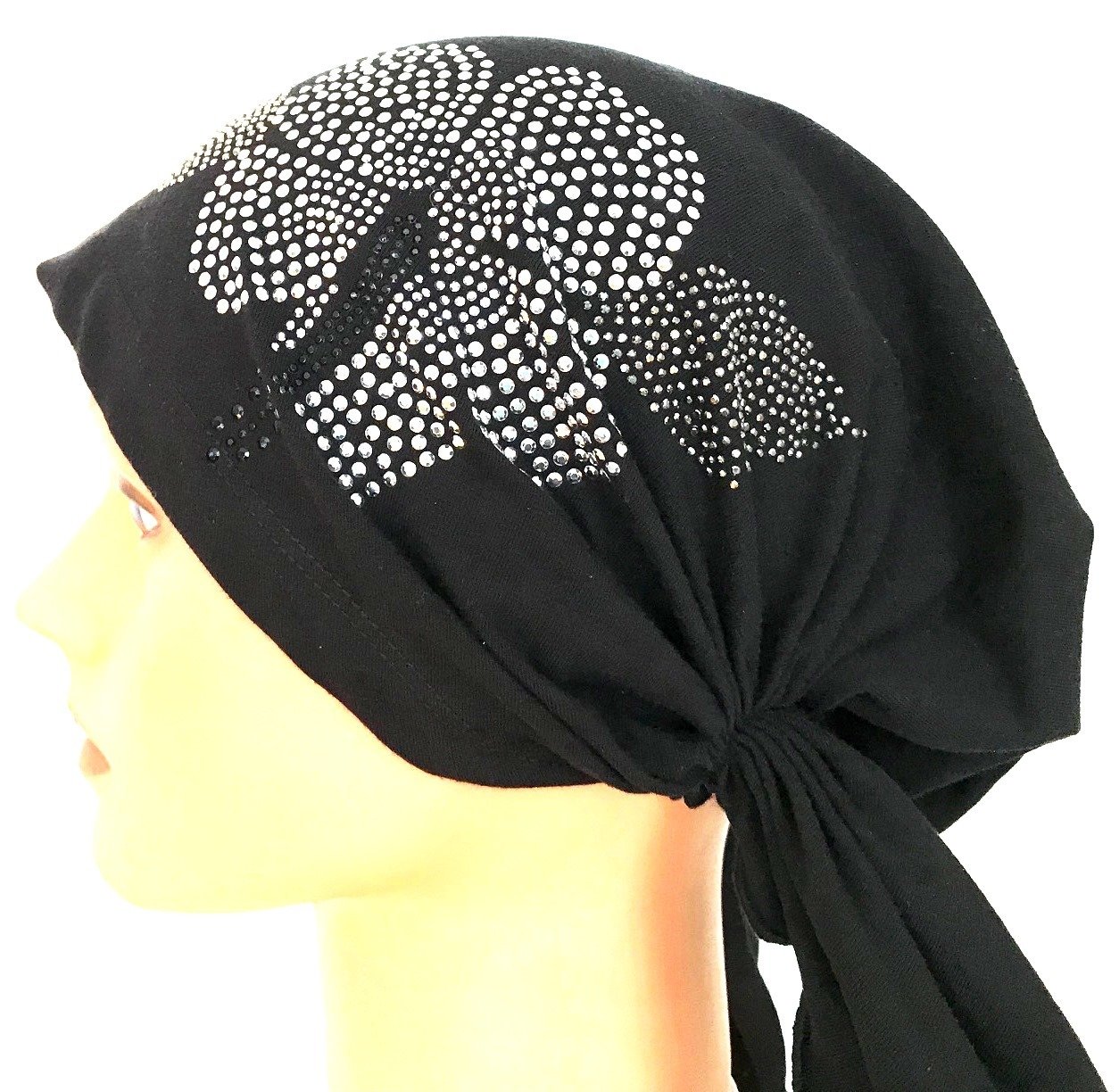 Black pre tied tichel with applique