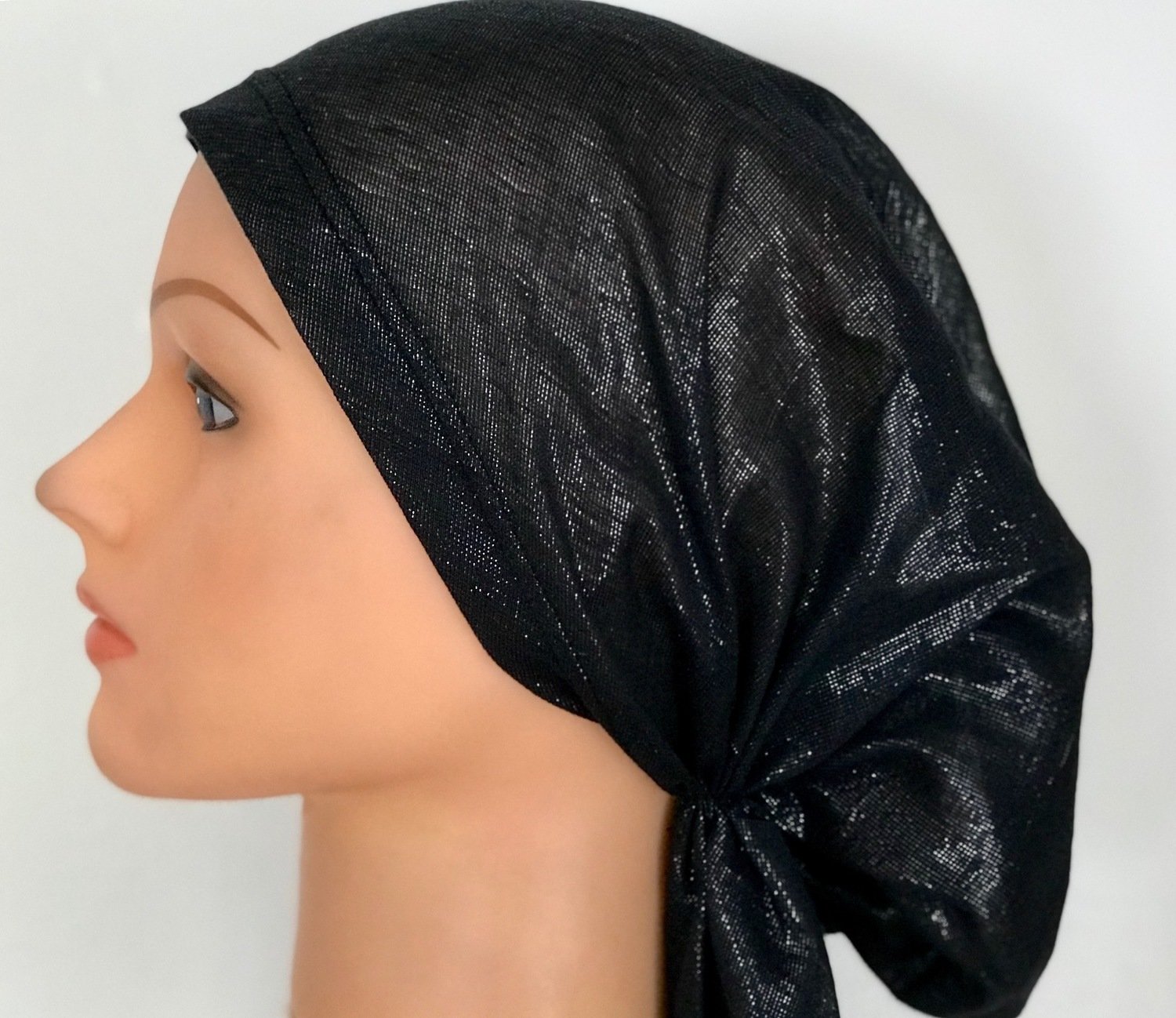 Black solid shimmer pretied tichel - silver shimmer  -w/band sewn in