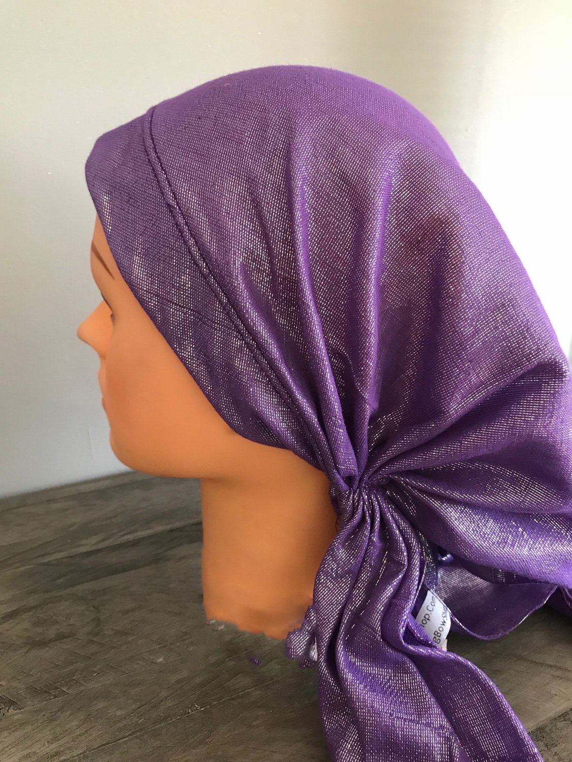 Purple solid shimmer pretied tichel