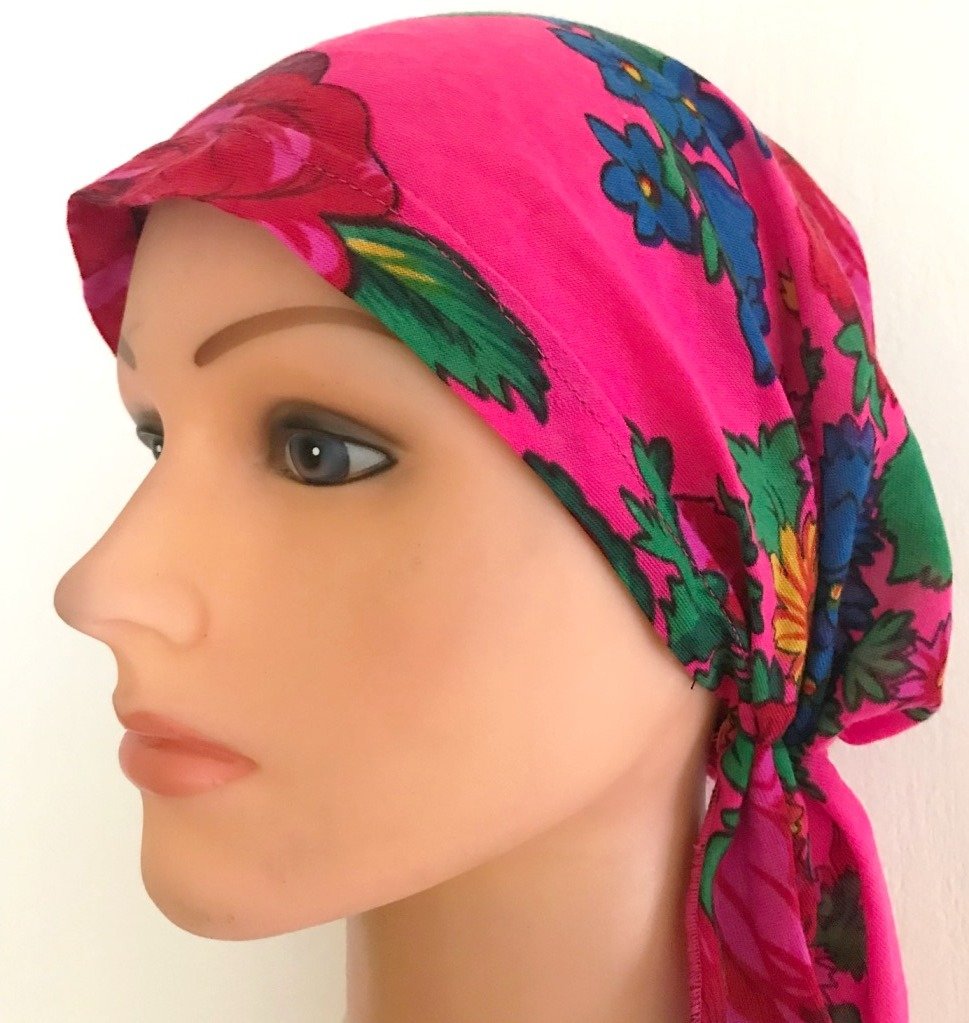 Pre tied tichel vintage neon bubble gum pink (short Tails)